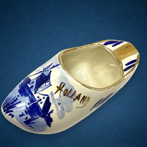 Vintage Delft Blauw Holland Dutch White and Blue Windmill Clog Ashtray - Picture 3 of 5
